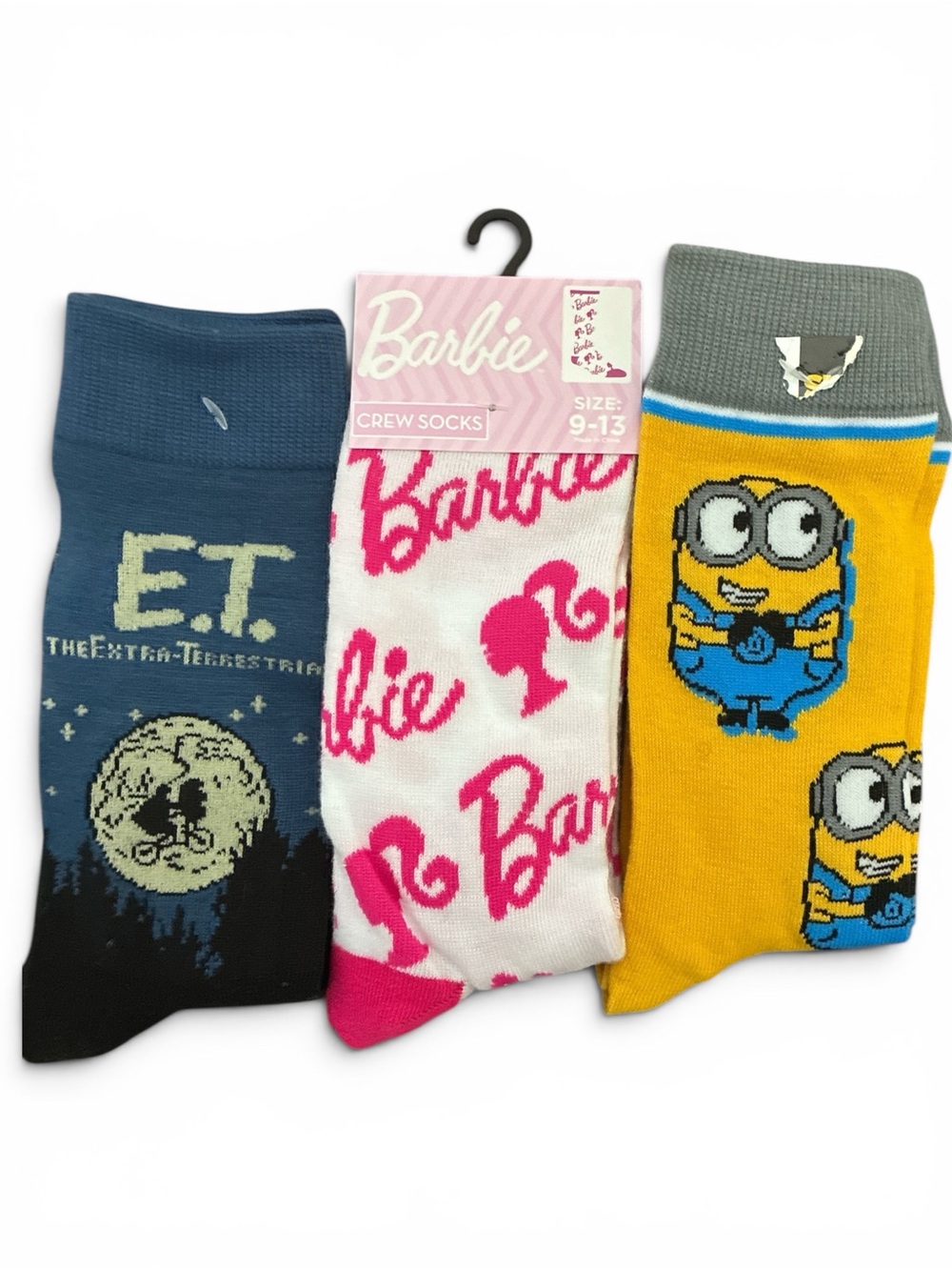 3-Pair Novelty Crew Socks Bundle – E.T., Barbie & Minions | NWT &NWOT